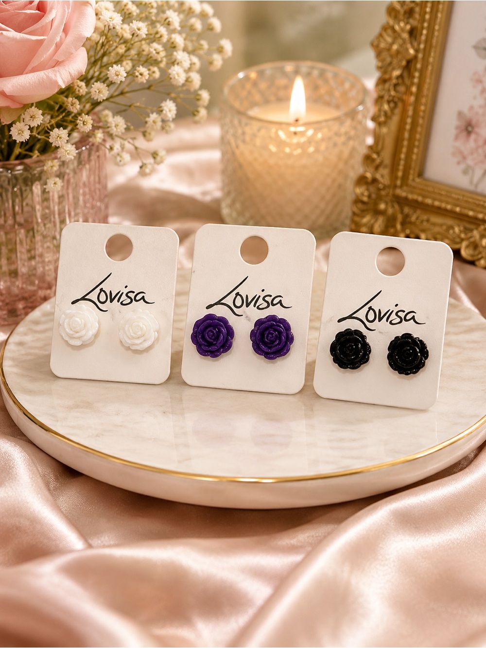 🌹 Lovisa Floral Stud Earrings 3-Pair Set – White, Purple & Black